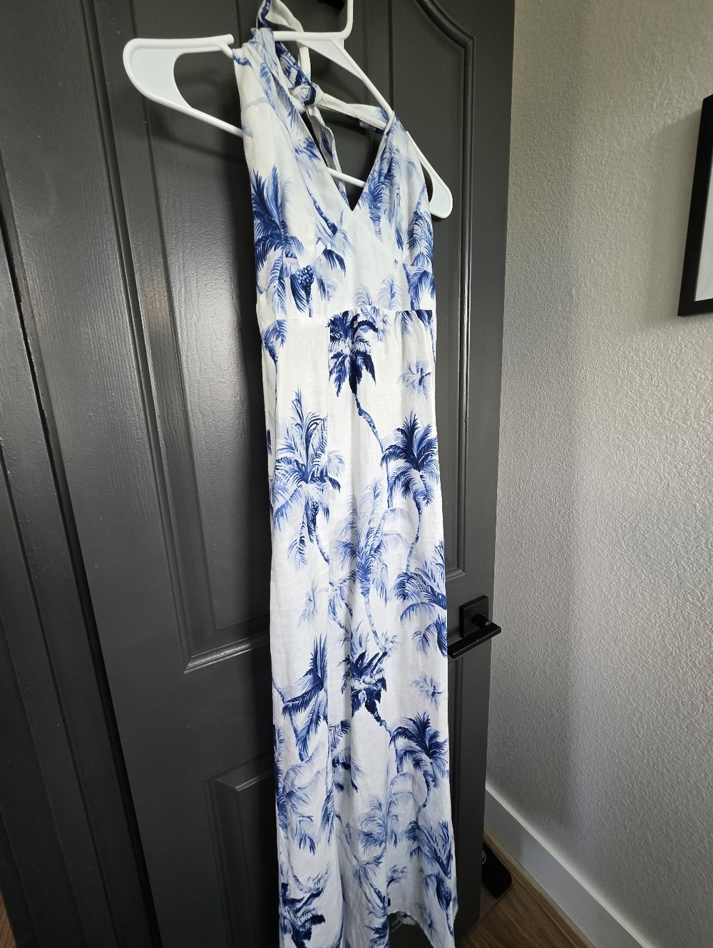 Tommy BAHAMA Blue and White Palm Print Iinen Halter Maxi Dress